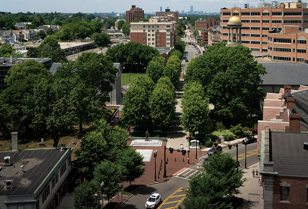 Aerial view of Quincy, Massachusetts neighborhoods and civic buildings